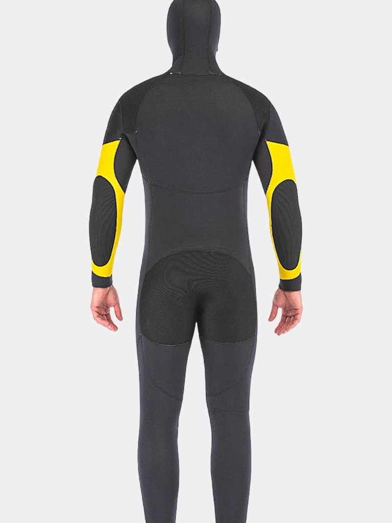 DIVESTAR Men 7MM Hooded Wetsuit Black Yellow Back