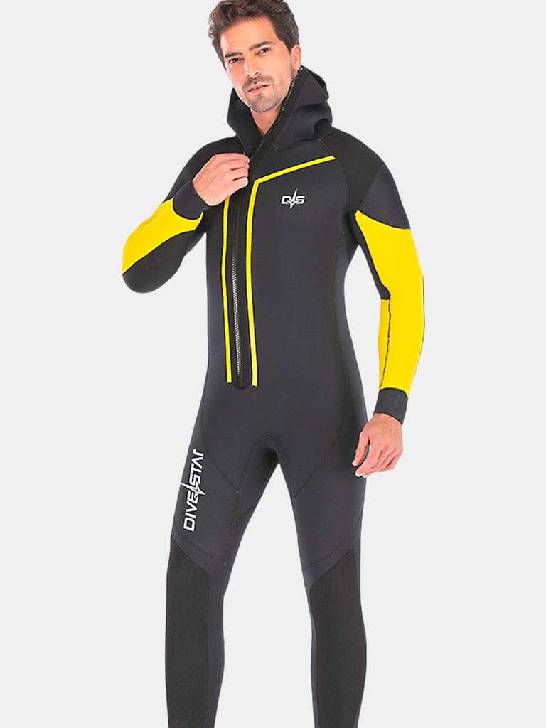 DIVESTAR Men 7MM Hooded Wetsuit Black Yellow Front