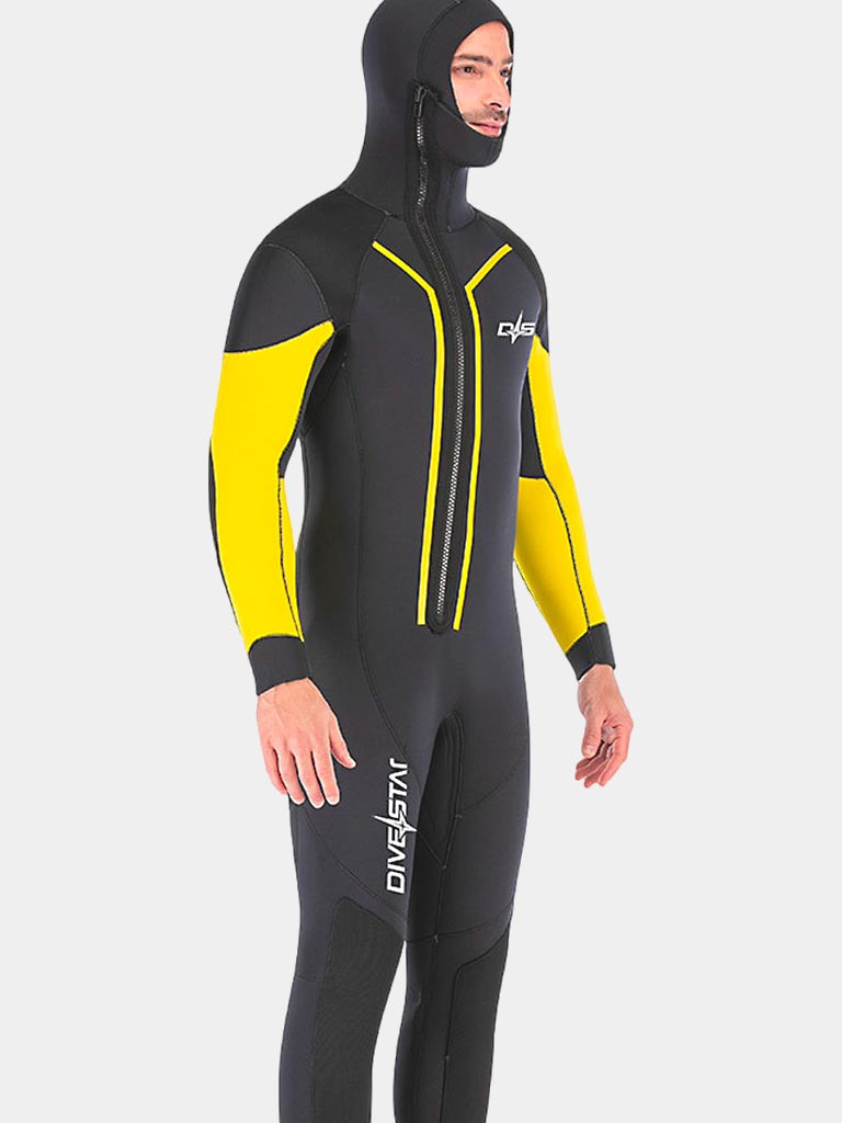 DIVESTAR Men 7MM Hooded Wetsuit Black Yellow Side