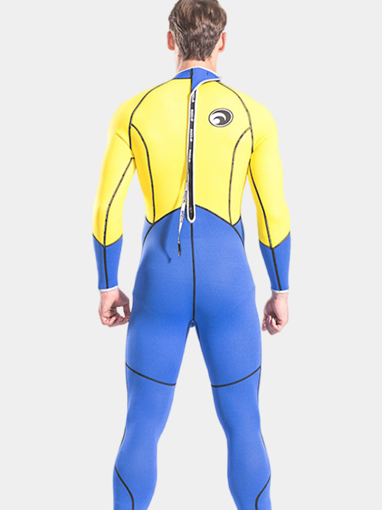 HISEA Men 3MM Long Sleeve Full Wetsuit Blue Yellow Back